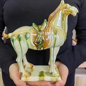 Collect Old Chinese Ceramics Tang Sancai Pottery War-horse Statue gift,Ancient China Tang Horse porcelain carved Feng Shui Decor zodiac P293