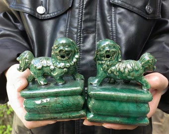Green Ceramic Foo Dogs, Chinese Feng Shui Lions (Pair)