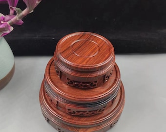 Round Solid Wood Display Stand Teak, Hardwood Plinth Base Trophy Lamp Models Bottomed Stand, Retro Style Wooden Base Carving Crystals PQ008