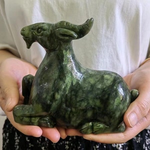 Unique Nephrite Jade Stone Carved Sculpture Goat Sheep Antelope Statue, Natural Green Crystal Zodiac Ram Handcarved Art Animal Figurine P066