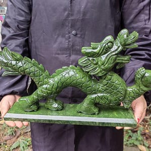 Natural Carved Green Jade Dragon Fengshui Figure Statue Sculpture, Large Hand Carved Jadeite Sculpted Dragon Loong Statue Jade Stone  PQ336