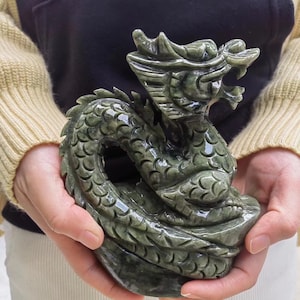 Natural Carved Green Jade Dragon Fengshui Figure Statue Sculpture, Large Hand Carved Jadeite Sculpted Dragon Loong Statue Jade Stone  PQ155