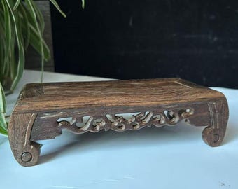 Teak Hardwood Display Stand, Retro Carved Plinth, Trophy Lamp Base