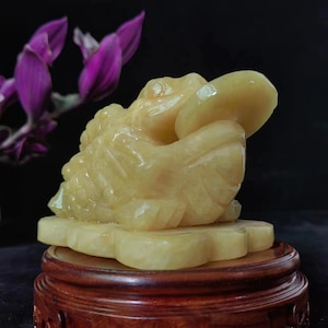 Feng Shui Natural Yellow jade Money Toad Figurine Fortune Coin Stone Crystal Healing Toad/ Frog /Chan Chu Sculpture Prosperity Gemstone P099