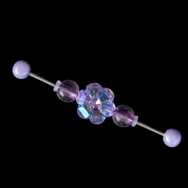 Titanium Industrial Barbell with Cute Purple Flower Beads Earrings Made in Korea