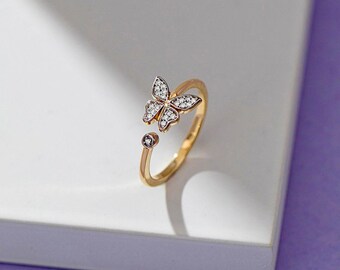 Moissanite Cubic Zirconia Butterfly Cocktail Ring, 925 Silver Stackable Travel Promise Ring