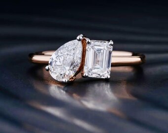 3Ct Pear and Emerald Cut Toi et Moi Engagement Ring, Promise Ring, Two Stone Moissanite Ring, Wedding Ring Anniversary Ring, Gift for Her