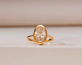 Oval Moissanite Bezel Ring, Dainty Solitaire, Multipurpose Travel Ring