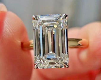 4CT Emerald Cut Moissanite Solitaire Ring, Cathedral Setting, Solid Gold Wedding Band