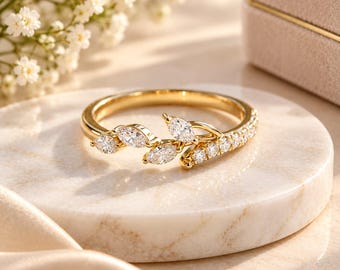 Gold Moissanite Leaf Ring, Marquise Cut Engagement Band, Nature Jewelry