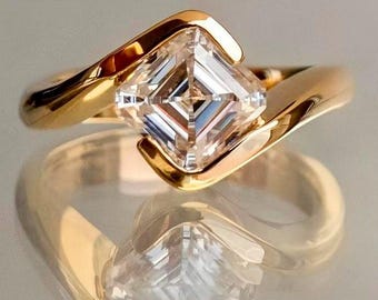 2 CT Asscher Cut Moissanite Engagement Ring, French Style Band, 14k Gold Dainty Ring