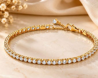Gold Plated Sterling Silver Tennis Bracelet, Cubic Zirconia, Minimalist Sparkle