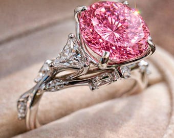 2 Carat Round Portugese Cut Pink Moissanite Colorful Ring, Dainty Engagement Ring for her