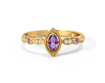 Purple Amethyst and Diamond Wedding Ring, FG-SI Color, February Birthstone Vintage Ornate Ring