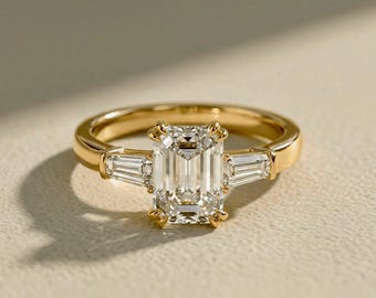 2 Ct Emerald Cut Alongside Tapper Baguetts Moissanite Engagement Ring, Minimalist Wedding Ring