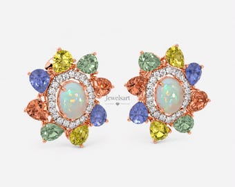Multi Sapphire Ethiopian Opal Cabochon Earrings, Dainty Minimalist Jewelry