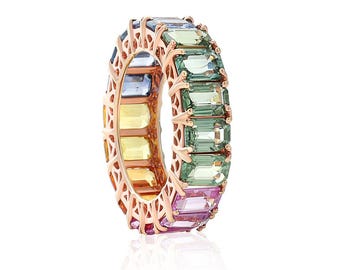 Rainbow Emerald Cut Multi-Colored Sapphire Eternity Band, Multi Sapphire Prong Ring, Gift for Her