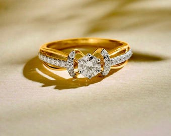 1 Ct Round Solitaire Moissanite Accented Split Shank Engagement Ring / Dainty Promise Ring