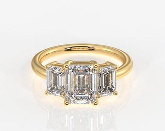 3 Stone Emerald Cut Moissanite Engagement Ring – Dainty Trilogy Trinity Band