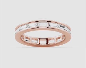 Emerald Cut Channel Moissanite Travel Wedding Eternity Band, 925 Silver Dainty Ring
