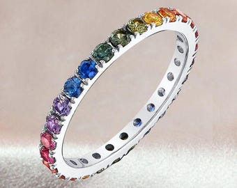 Rainbow Sapphire Eternity Wedding Band, Minimalist Promise Ring, Travel Band for her