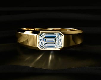 1 CT Mens Emerald Cut Moissanite Diamond Engagement Ring, Minimalist Wedding Ring for him