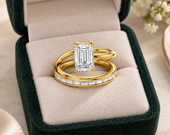 1.5 CT Emerald Cut Moissanite Solitaire Ring, Baguette Channel Double Band, Art Deco Minimalist