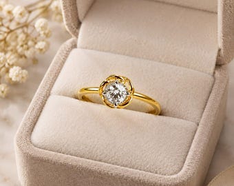 1 Carat Moissanite Solitaire Ring, Floral Engagement Band, Lab Grown Diamond