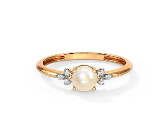Fresh Water Pearl Moissanite Ring, Dainty Stackable Promise Ring
