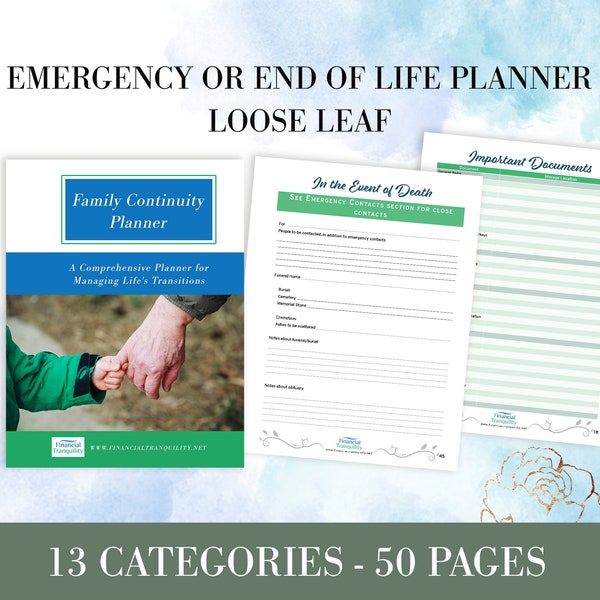 Family Emergency Binder  - loose leaf printed and mailed to you. End of Life Planner. Emergency planner. Professionally created