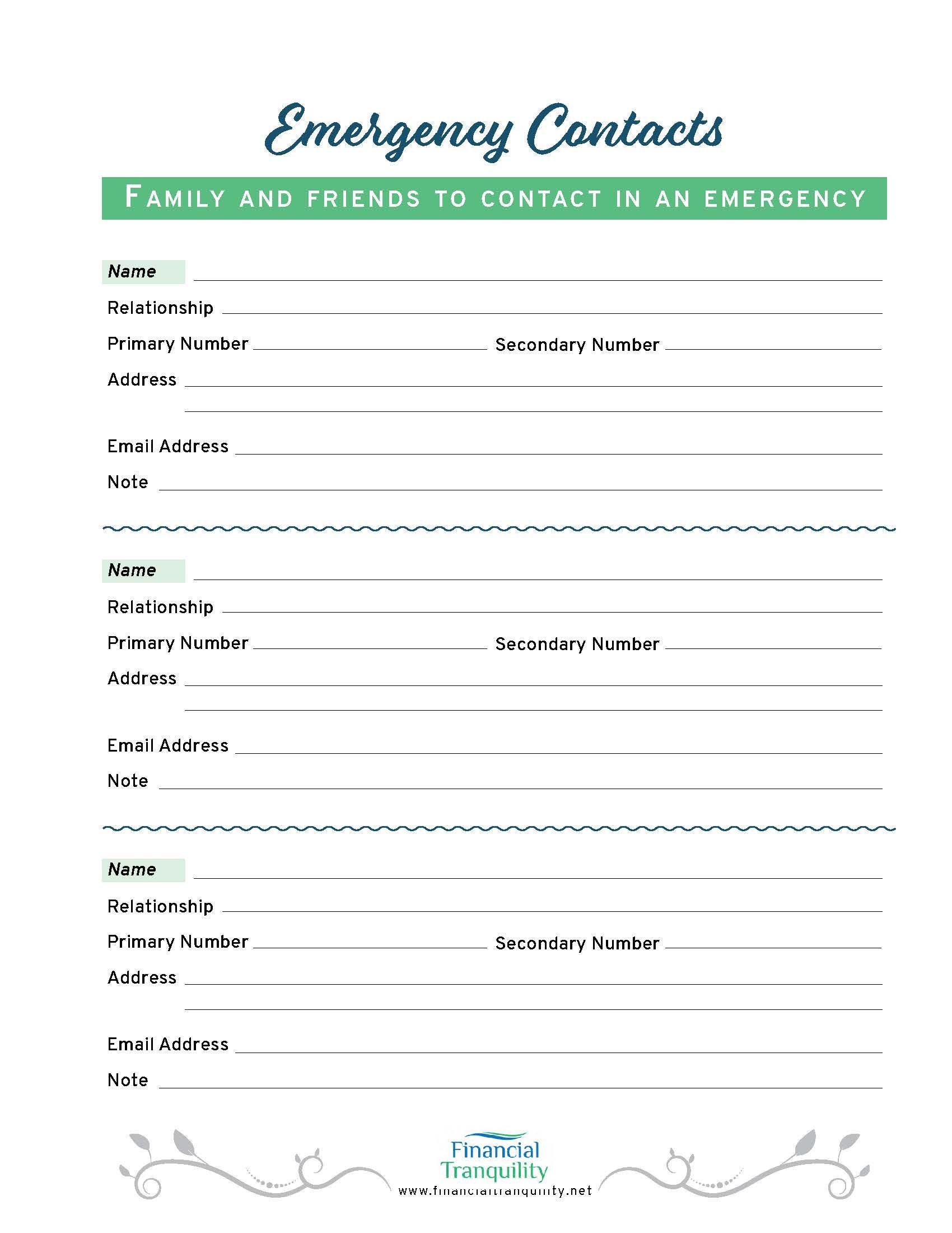 Emergency Contact List (fillable) - for Keeping Track of Contact Information in the Case of an Emergency. - Etsy for Free Printable Emergency Contact Form