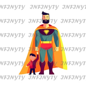 レーザー彫刻またはデジタル印刷用のスーパーお父さんと息子のカラー画像デジタルダウンロードクリップアートSVG、PNG、JPG、ベクターファイル