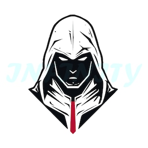 Puede incluir: Ilustración en blanco y negro de una figura encapuchada con una corbata roja. La figura tiene una expresión seria y mira hacia adelante.