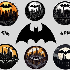 May include: A collection of six Batman-themed digital files, each featuring a cityscape silhouette under a bat symbol. The designs are in black, orange, and gray, with the text "6 files" and "6 PNG".