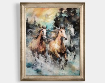 Running Horses Oil Painting, Printable Wall Art, Vintage Farmhouse Style, Art Download, Rustic Oil Painting, Antique Wall Décor, JP0551