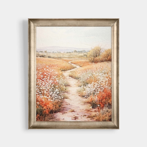 Wildflower Field Oil Painting, Printable Landscape Art, Cottage Art, Wildflower Wall Art, Vintage Farmhouse Style, Antique Wall Décor,JP0241