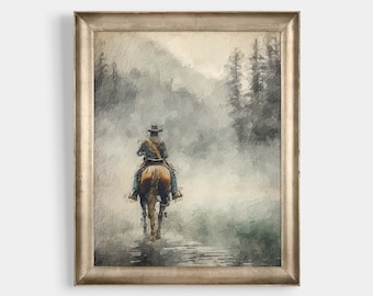 Western Cowboy Print, Printable Wall Art, Vintage Western Print, Digital Art Download, Rustic Cowboy Décor, Antique Oil Painting, JP0261