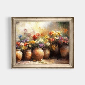 Floral Oil Painting, Flower Pots, Printable Wall Art, Vintage Farmhouse Style, Art Download, Rustic Oil Painting, Antique Wall Décor, JP0359