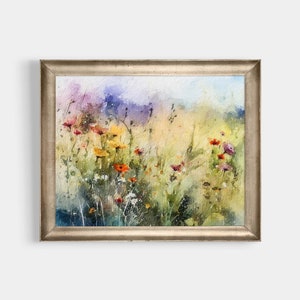 Landschapsolieverfschilderij van wilde bloemen, afdrukbare muurkunst, vintage boerderijstijl, digitale download, rustieke wanddecoratie, JP0235