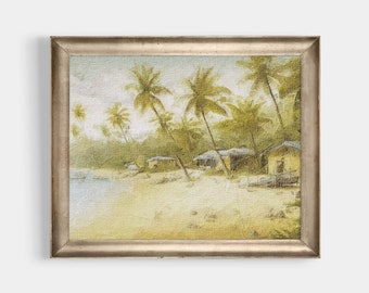 Retro Coastal Art Print, Little Huts By The Beach, Printable Wall Art, Vintage Farmhouse, Rustic Oil Painting, Antique Wall Décor, JP0157