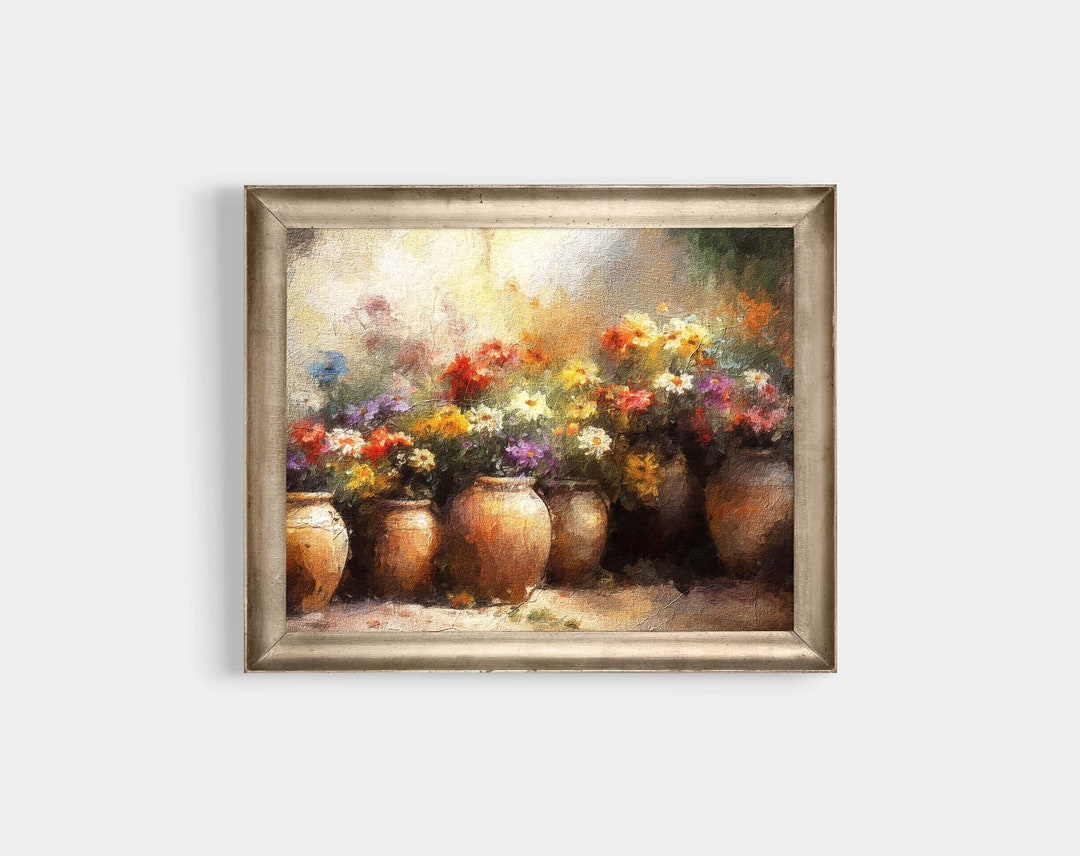 Floral Oil Painting, Flower Pots, Printable Wall Art, Vintage Farmhouse ...