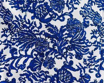 Fabric “White with Blue Corals ” # 155 - Cotton Terry Knit
