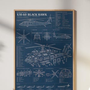 May include: A framed blueprint poster of a UH-60 Black Hawk helicopter featuring technical line drawings, detailed schematics, and descriptive text in white on a dark blue background, displayed in a light wood frame on a wall.