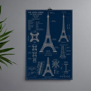 Pode incluir: Um cartaz de planta arquitetônica azul-escuro da Torre Eiffel em Paris, França. A impressão apresenta desenhos de linhas brancas das elevações frontal e traseira da torre, cortes transversais e detalhes estruturais com especificações técnicas.