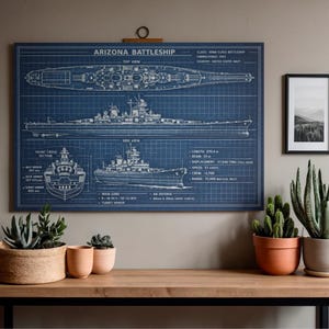 Op de afbeelding: Een blauwe poster in blueprint-stijl van het slagschip Arizona, met bovenaanzicht, zijaanzicht en doorsnede. De poster bevat technische specificaties en wordt weergegeven boven een houten tafel met potplanten.