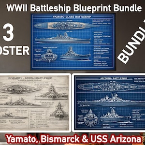 May include: A set of three posters displaying WWII battleship blueprints. The posters showcase detailed diagrams of the Yamato, Bismarck, and USS Arizona battleships. The designs are in a classic blueprint style, including technical specifications.