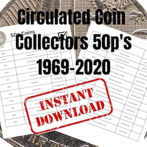 50p Collection Printable, Coin Inventory Log Book For Coin Collectors,  Template, Coin Collecting Record Keeping fifty pence 1969-2020.