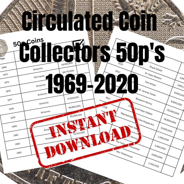 50p Collection Printable, Coin Inventory Log Book For Coin Collectors,  Template, Coin Collecting Record Keeping fifty pence 1969-2020.