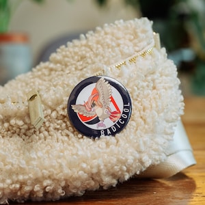 May include: A blue and white button with a cartoon bird with red and orange feathers. The button says "RADICOOL" in a white circle.