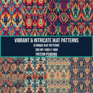 Puede incluir: Ocho patrones ikat vibrantes e intrincados en una variedad de colores, que incluyen rojo, azul, amarillo y verde. Los patrones son sin costuras y se pueden utilizar para una variedad de propósitos, como telas, papel tapiz y decoración del hogar.  300 DPI 1080 x 1080.  PATERN PENDING.